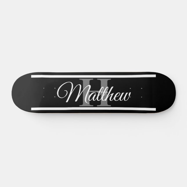 Simple Elegant Black White Monogram Custom Skateboard (Horizontal)