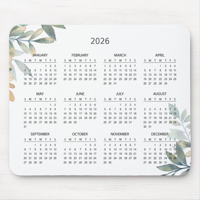 Simple Elegant Botanical 2026 Calendar | Mousepad (Vorne)