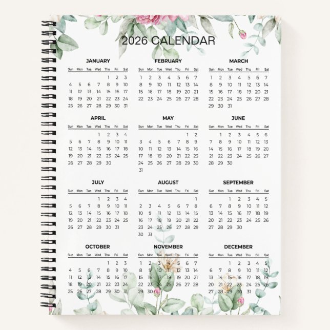 Simple Elegant Botanical 2026 Calendar |  Notebook Notizbuch (Vorderseite)