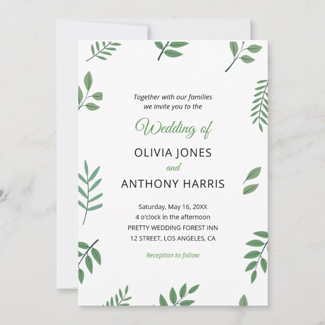 Simple Elegant Botanical Greenery Leaves Wedding  Einladung (Vorderseite)