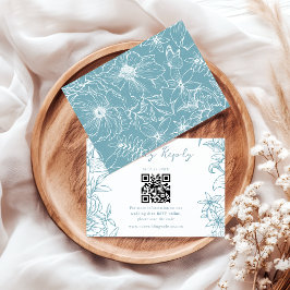 Simple Elegant Dusty Blue Floral QR Code Wedding RSVP Karte