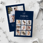 Simple Elegant Family Photo Grid | Silver Folien Feiertagskarte<br><div class="desc">This simple and minimalist, silver foil holiday card features an elegant nine photo collage on the front, and an additional photo on the back, for a total of ten of your favorite family photos. Classic silver calligraphy along with modern text for your family name on a dark, navy blue background...</div>