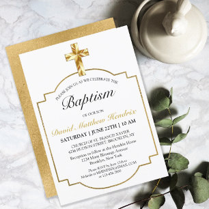 Simple Elegant Gold Cross Boys Baptism Invitation Einladung