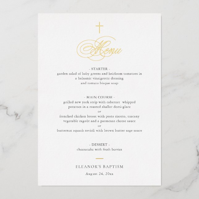 Simple Elegant Gold Cross Calligraphy Baptism Menu Folieneinladung (Vorderseite)
