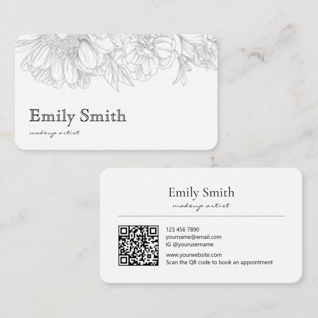 Simple Elegant Gray Floral Line Art QRCode Visitenkarte (Vorne/Hinten)