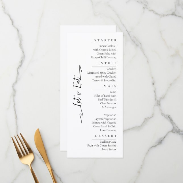 Simple Elegant Noir Moderne Mariage Menu Plat (Devant/Arrière en situation)