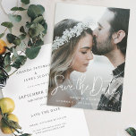 Simple Elegant Photo Save the Date Wedding Invite<br><div class="desc">This simply chic photo wedding save the date flat card has a warm, minimalist design. The front features a lively modern Save the Date text above your first names and date and wedding location. On the back, we've set the background as transparent, so that the color of the paper will...</div>