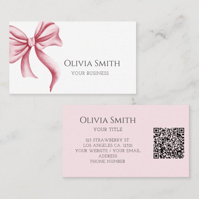 Simple Elegant Pink Bow QR Code Visitenkarte (Vorne/Hinten)