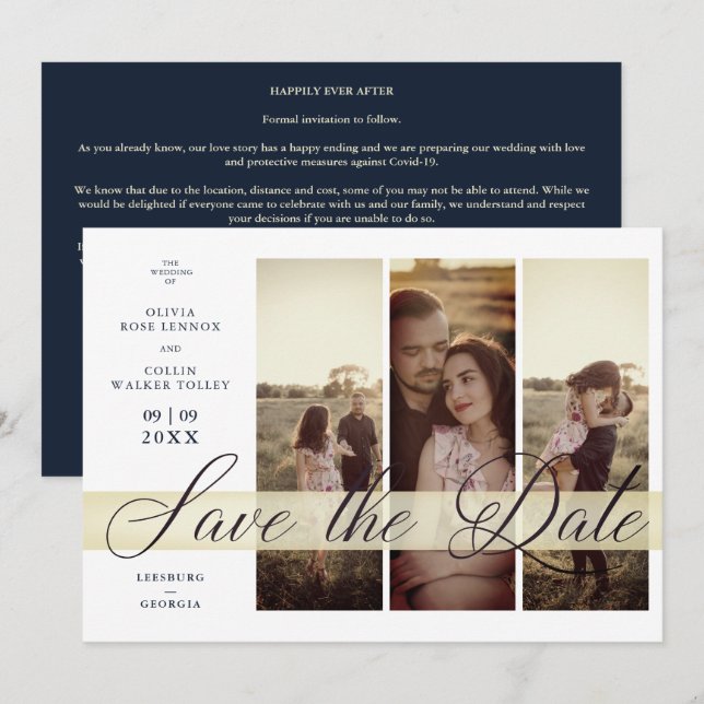 Simple Elegant Script 3 Photos Couple in Navy Save The Date (Vorne/Hinten)