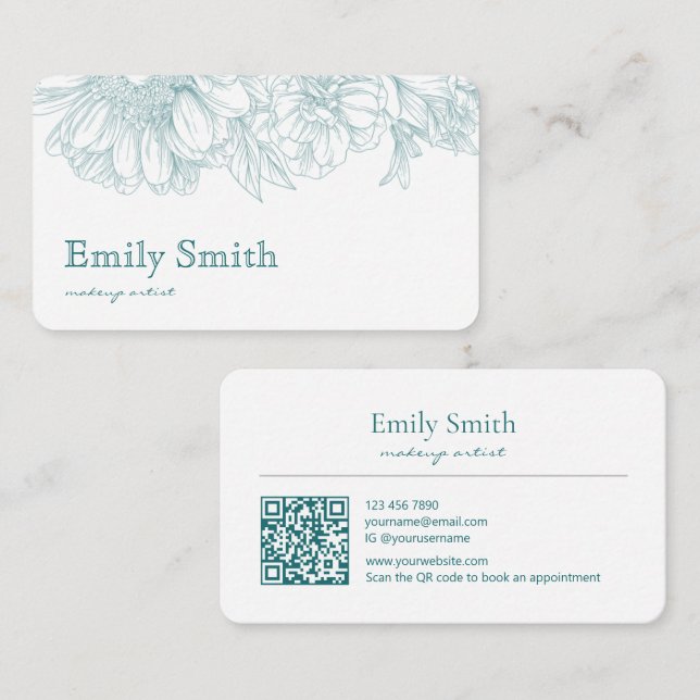 Simple Elegant Teal Blue Floral Line Art QRCode Visitenkarte (Vorne/Hinten)