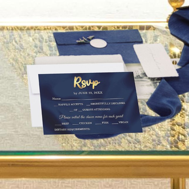 Simple Elegant Trendy Navy Blue & Gold Wedding  RSVP Karte (Von Creator hochgeladen)