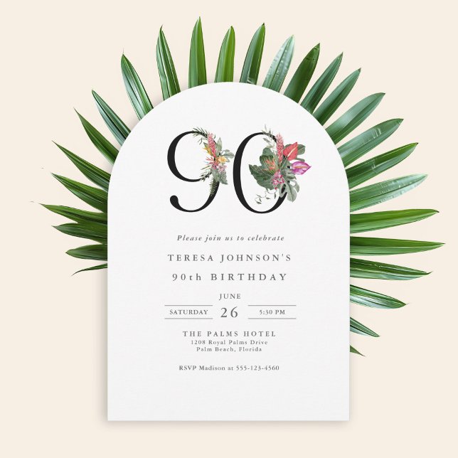 Simple Elegant Tropical 90th Birthday Einladung (Available in both printed and instant download digital formats.)