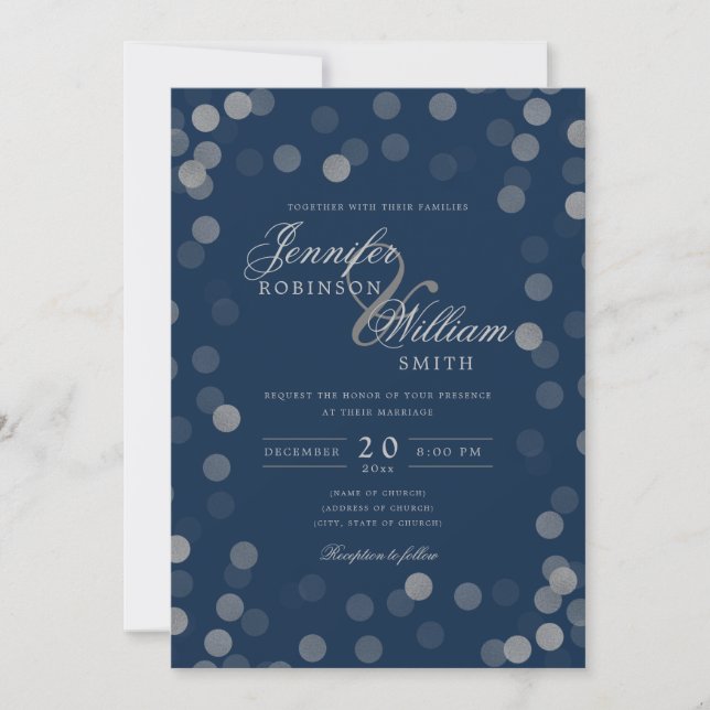 Simple Elegant Wedding Silver Confetti Navy Einladung (Vorderseite)
