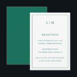 Simple Emerald Green Monogram Elegant Wedding Begleitkarte<br><div class="desc">Einfache Hochzeitskarte mit modernem und dennoch elegantem Design, oben mit Ihrem zweistelligen Monogramm, sowie mit den Informationen Ihres Empfangs, umgeben von einer dünnen Grenze. Alle Designelemente sind in einem Juwel Ton smaragdgrün und können im Design-Editing-Tool geändert werden. Ein elegantes und stilvolles Design, das sich ideal für ein minimalistisches Paar eignet....</div>