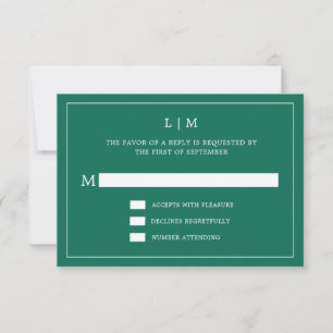 Simple Emerald Green Monogram Elegant Wedding RSVP Karte