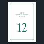 Simple Emerald Green Monogram Elegant Wedding Tischnummer<br><div class="desc">Einfache Tischnummer mit elegantem und zeitlosem Design mit zwei Buchstaben Monogramm, Namen, Datum und Tischnummer umgeben von einem dünnen Rand. Alle Designelemente sind in einem Juwel-Ton smaragdgrün über einem weißen Hintergrund und können in jede Farbe geändert werden, die Sie im Design-Editing-Tool wünschen. Ein gepflegtes und klassisches Design, ideal für ein...</div>