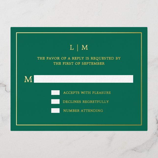 Simple Emerald Green Monogram Elegant Wedding UAWG Folie Einladungspostkarte (Vorderseite)