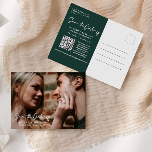 Simple Emerald Green Save the Date QR Code Foto Postkarte (Von Creator hochgeladen)