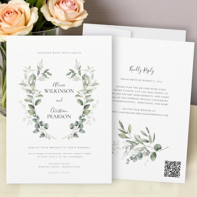 Simple Eucalyptus Greenery Wedding QR Code RSVP Einladung (Von Creator hochgeladen)