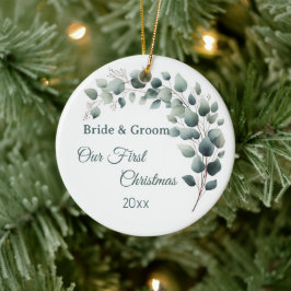 Simple Eucalyptus Wedding First Christmas Keramik Ornament