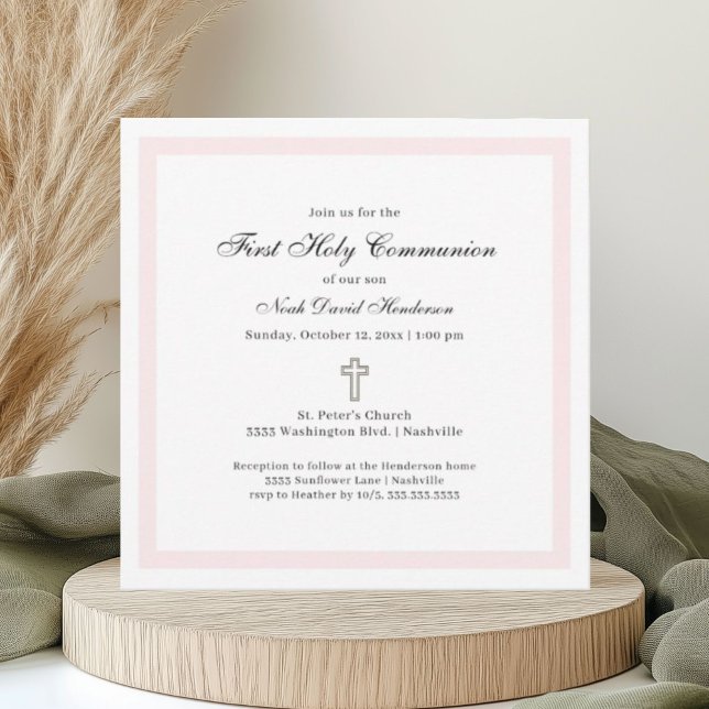 Simple First Holy Communion Pink White Einladung (Von Creator hochgeladen)