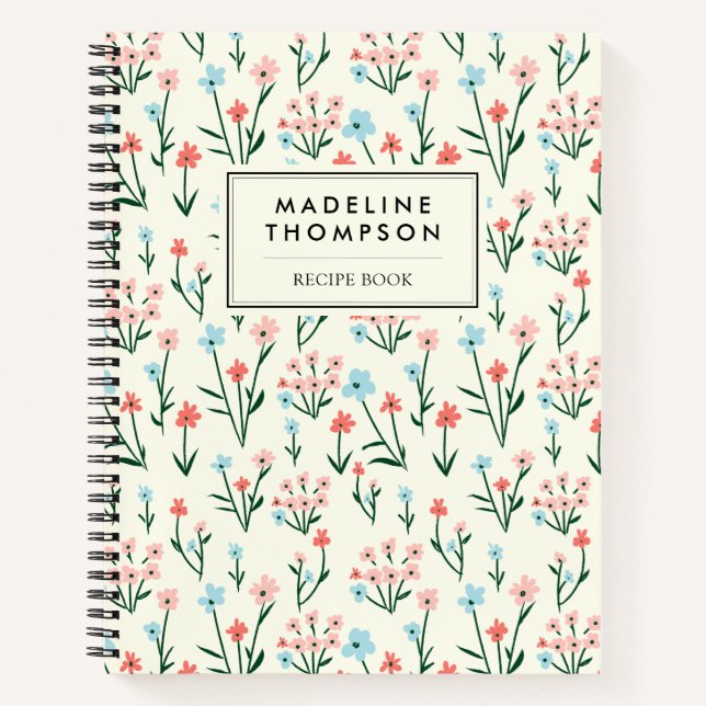 Simple Floral Botanical Pink Blue Flower Recipe Notizbuch (Vorderseite)