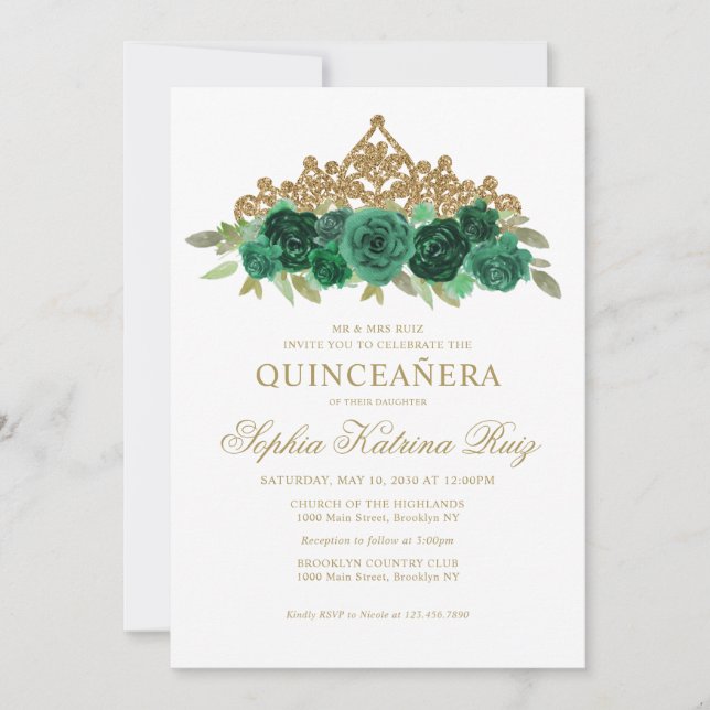 Simple Floral Emerald Green Gold Crown Quinceañera Einladung (Vorderseite)