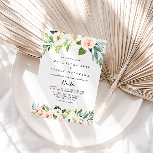 Simple Floral Foliage Calligraphy Spanish Wedding Einladung (Von Creator hochgeladen)