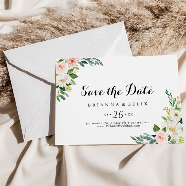 Simple Floral Green Foliage Horizontal Wedding Save The Date (Von Creator hochgeladen)