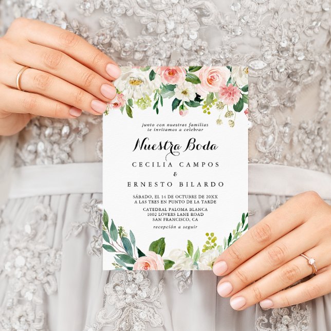 Simple Floral Green Foliage Nuestra Boda Wedding Einladung (Von Creator hochgeladen)