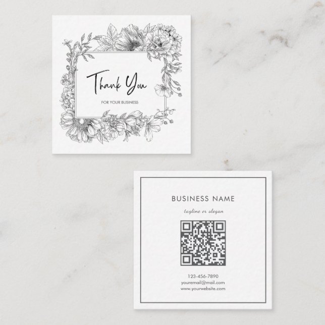 Simple Floral Line Art Gray White QRCode Vielen Da Quadratische Visitenkarte (Vorne/Hinten)