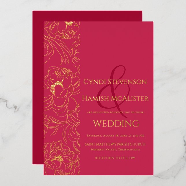 Simple Floral Viva Magenta Wedding Folieneinladung (Vorderseite/Rückseite)