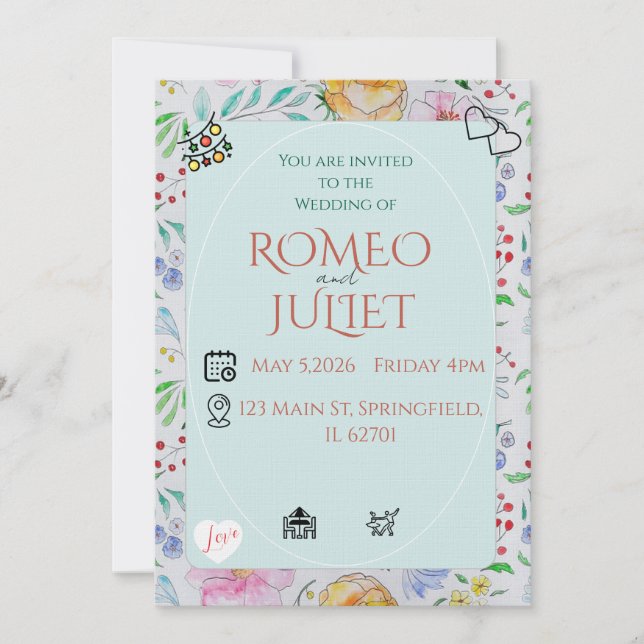 Simple Floral Wedding Invitation watercolor flower Einladung (Vorderseite)