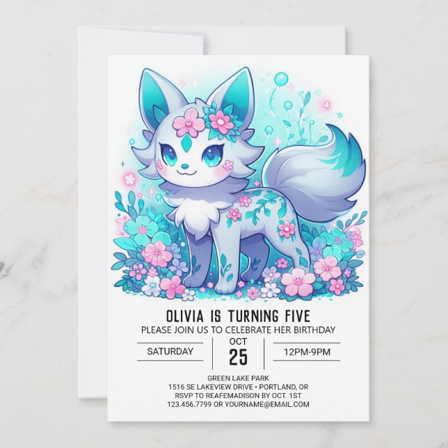 Simple Floral Wolf Digital Geburtstag Einladung (Vorderseite)