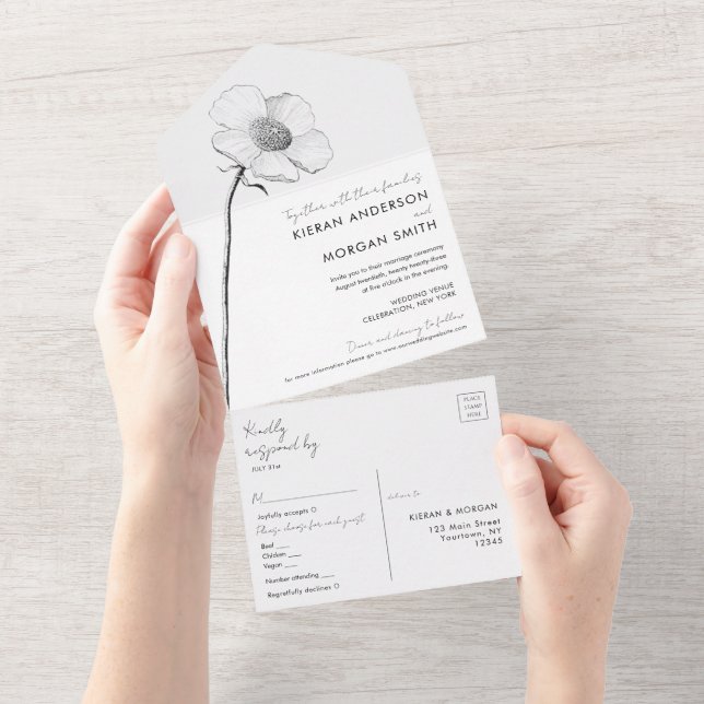 Simple Flower All in One Wedding Invite All In One Einladung (Abreißen)