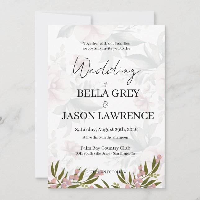 Simple flower Black & White Wedding Invitation Einladung (Vorderseite)