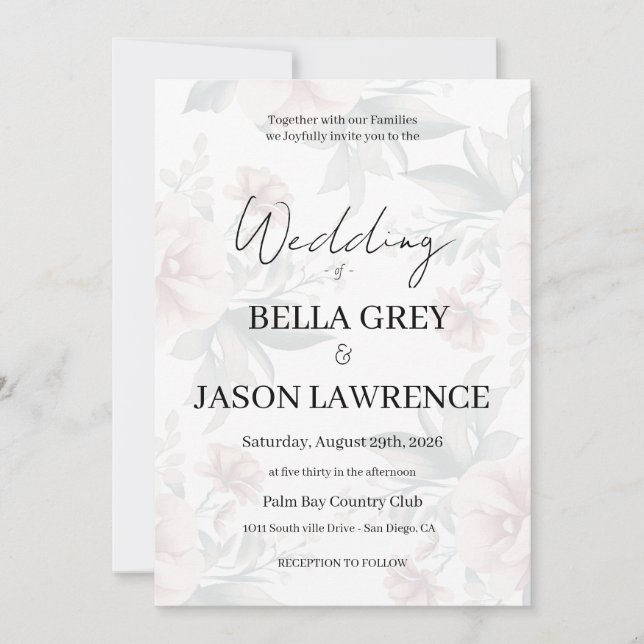 Simple flower Black & White Wedding Invitation Einladung (Vorderseite)