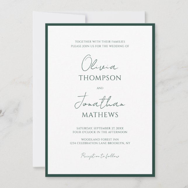 Simple Forest Green Border Script Hochzeit Einladung (Vorderseite)