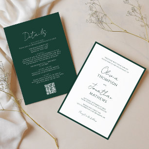 Simple Forest Green Border Script QR Code Hochzeit Einladung