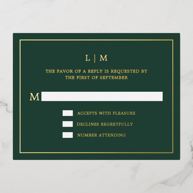 Simple Forest Green Monogram Elegant Wedding UAWG Folie Einladungspostkarte (Vorderseite)
