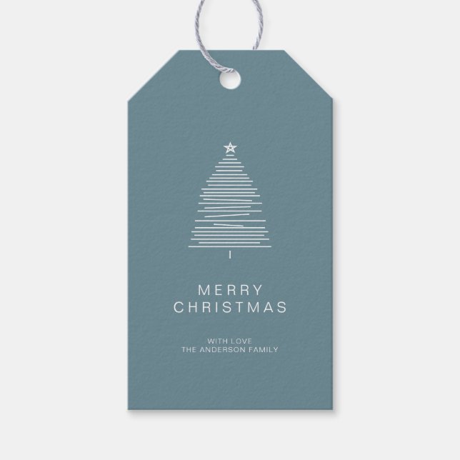 Simple Frost Blue Line Art Frohe Weihnachtsbaum Geschenkanhänger (Vorderseite)
