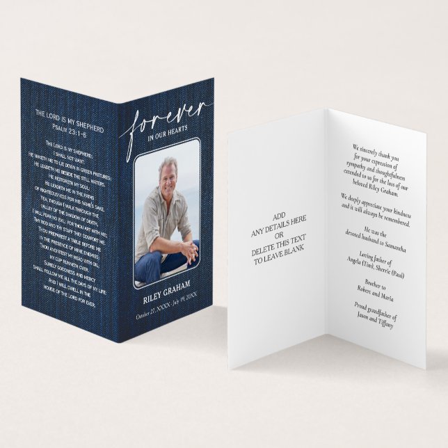 Simple Funeral Memorial Denim Prayer Photo Card Visitenkarten (Innenseite und Außenseite)