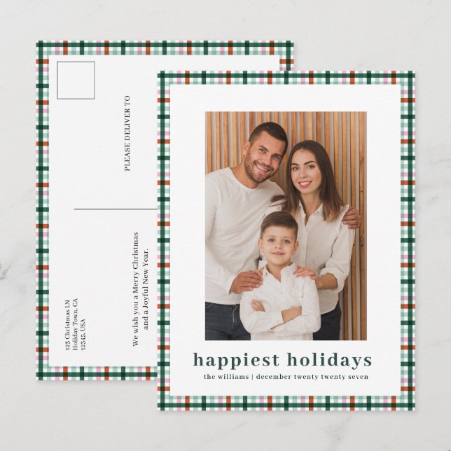 Simple Gingham Foto Glücklichste Weihnachten (Vorne/Hinten)