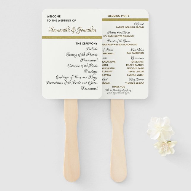 Simple Gold Accent Wedding Zeremony Program Fans Fächer (Vorne und Hinten)