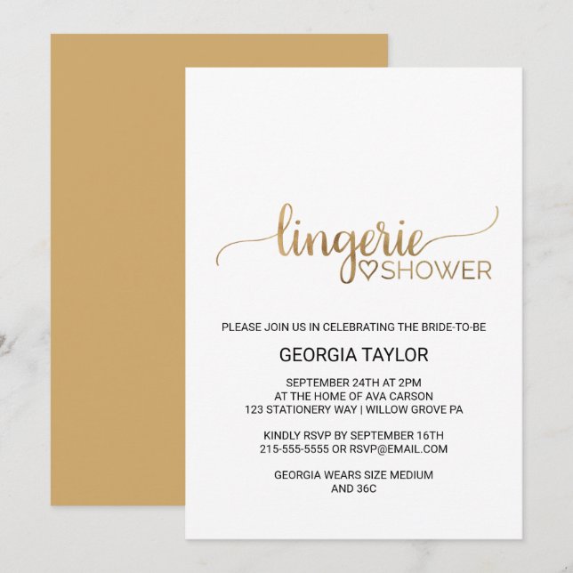 Simple Gold Calligraphy Lingerie Dusche Einladung (Vorne/Hinten)