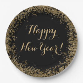 Simple Gold Confetti und Black Happy New Year Pappteller