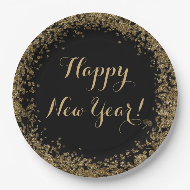 Simple Gold Confetti und Black Happy New Year Pappteller (Vorderseite)