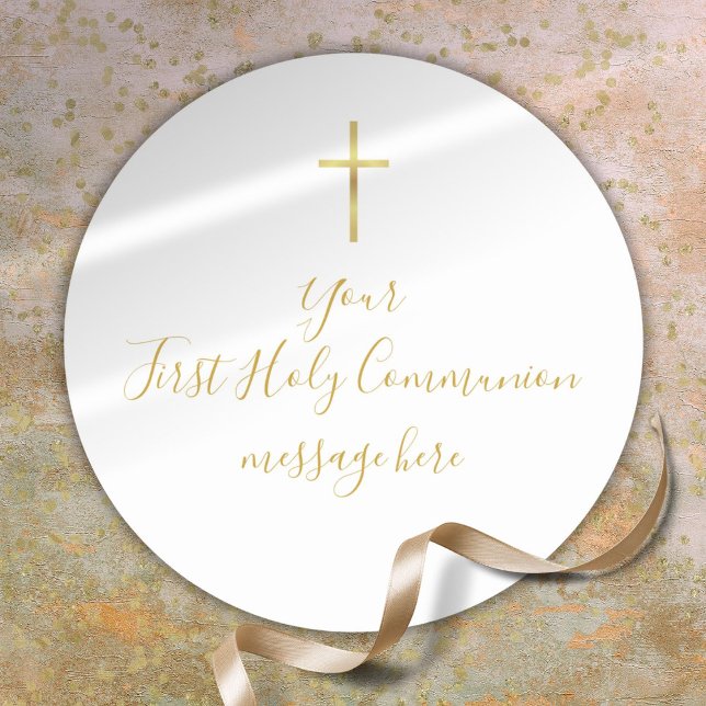 Simple Gold Cross First Holy Community Message Runder Aufkleber (Simple Gold Cross First Holy Communion Message Classic Round Sticker)
