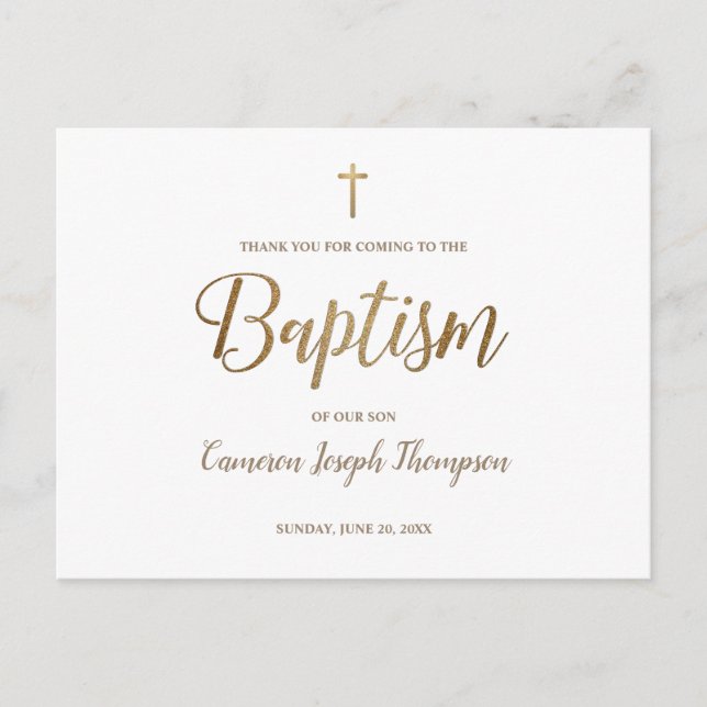 Simple Gold Cross White Baby Boy Danke Taufe Postkarte (Vorderseite)