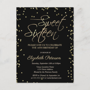 Simple Gold Diamonds Black Sweet 16 Einladung